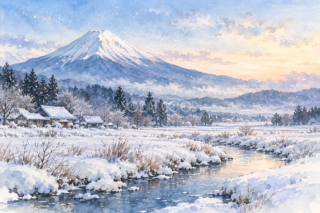 雪の里山と富士山・透明水彩 雪の里山と富士山・透明水彩