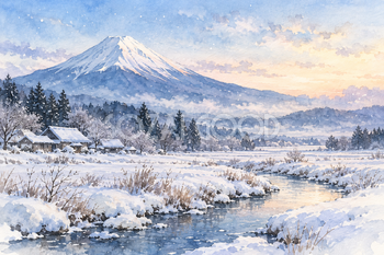 雪の里山と富士山｜冬の透明水彩・横長背景・無料イラスト素材 116915