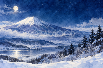 冬の月夜の富士山｜透明水彩・横長背景・無料イラスト素材 116916