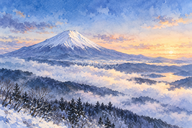 雲海と冬の富士山・透明水彩 雲海と冬の富士山・透明水彩
