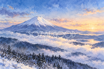 雲海と冬の富士山｜透明水彩・横長背景・無料イラスト素材 116918