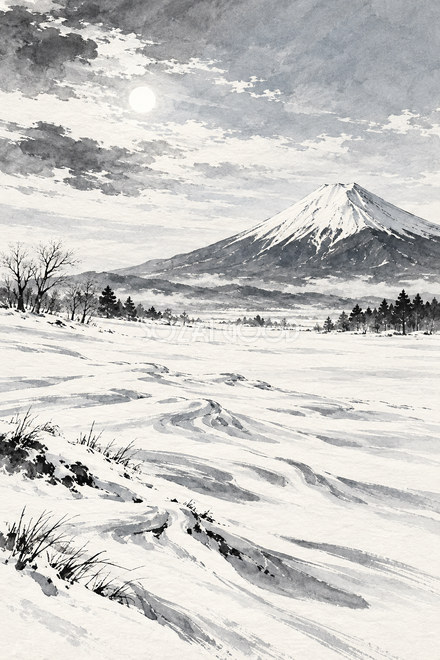 雪原と冬晴れの富士山・墨絵 雪原と冬晴れの富士山・墨絵