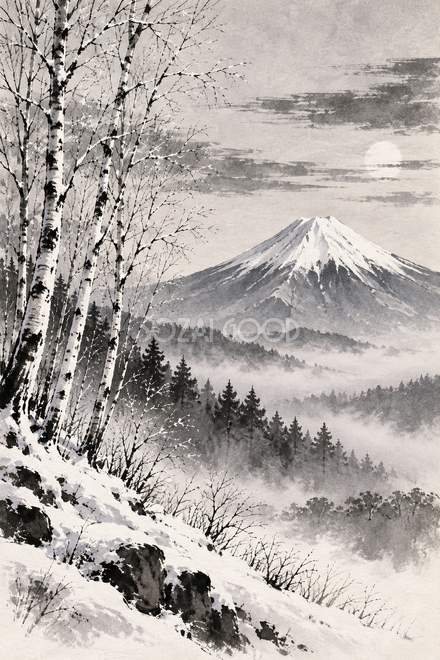 霧氷の白樺と富士山・墨絵 霧氷の白樺と富士山・墨絵