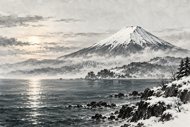 冬の海と富士山・墨絵 冬の海と富士山・墨絵