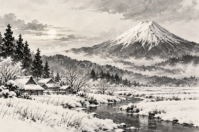 雪の里山と富士山・墨絵 雪の里山と富士山・墨絵