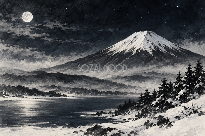 冬の月夜の富士山・墨絵 冬の月夜の富士山・墨絵