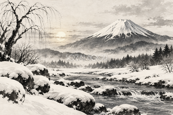 雪の渓流と富士山・墨絵 雪の渓流と富士山・墨絵