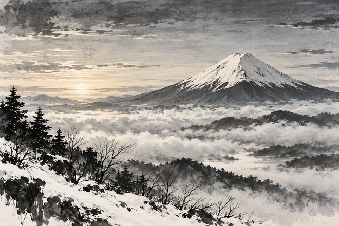 雲海と冬の富士山・墨絵 雲海と冬の富士山・墨絵