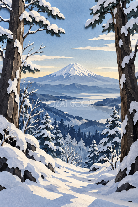 雪の松林から見る富士山・切り絵 雪の松林から見る富士山・切り絵