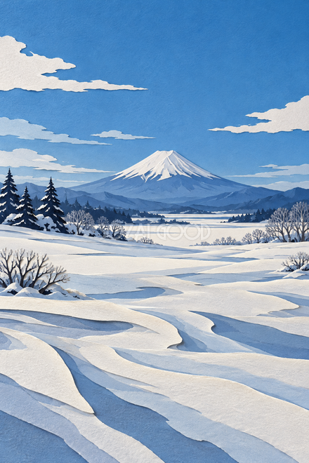 雪原と冬晴れの富士山・切り絵 雪原と冬晴れの富士山・切り絵