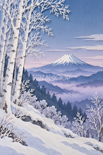 霧氷の白樺と富士山・切り絵 霧氷の白樺と富士山・切り絵