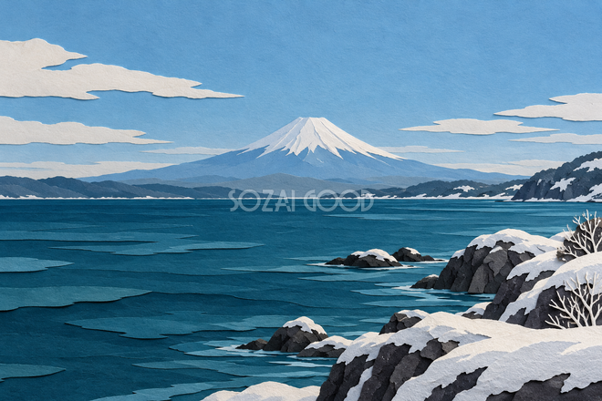 冬の海と富士山・切り絵 冬の海と富士山・切り絵