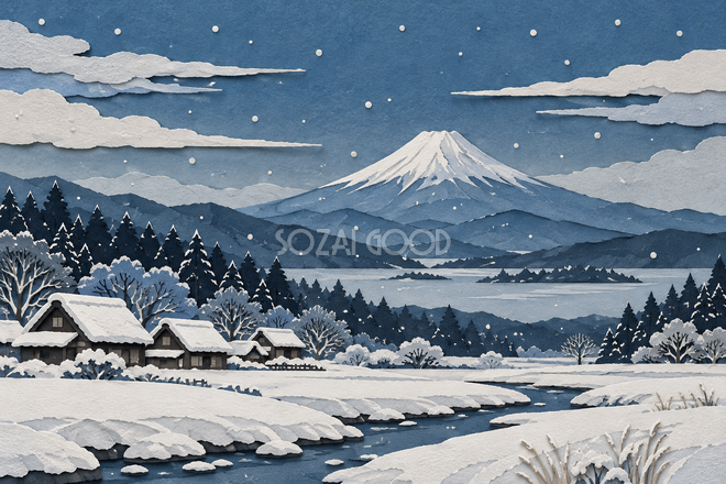 雪の里山と富士山・切り絵 雪の里山と富士山・切り絵