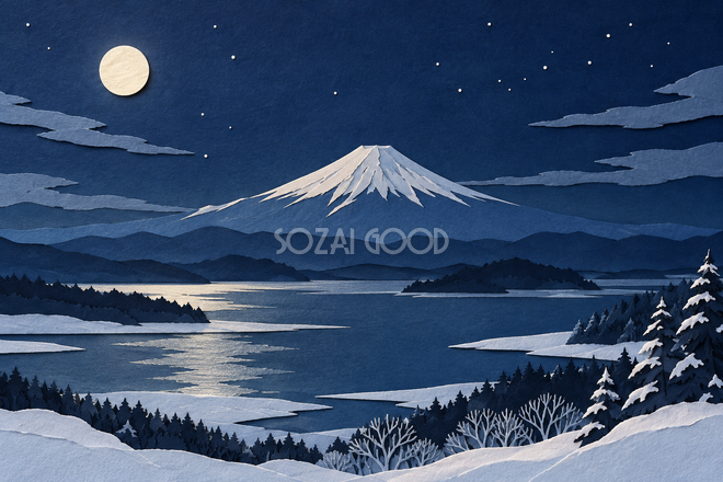 冬の月夜の富士山・切り絵 冬の月夜の富士山・切り絵