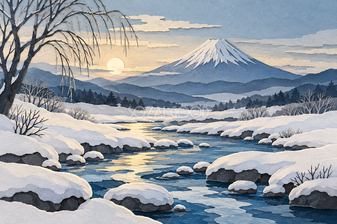 雪の渓流と富士山・切り絵 雪の渓流と富士山・切り絵