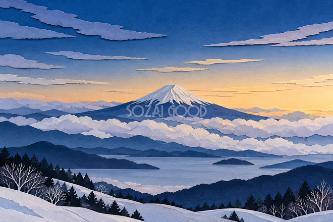 雲海と冬の富士山・切り絵 雲海と冬の富士山・切り絵