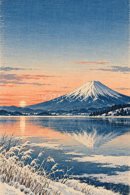 冬の湖と朝焼けの富士山・木版画調 冬の湖と朝焼けの富士山・木版画調
