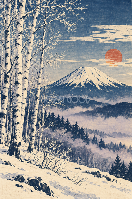 霧氷の白樺と富士山・木版画調