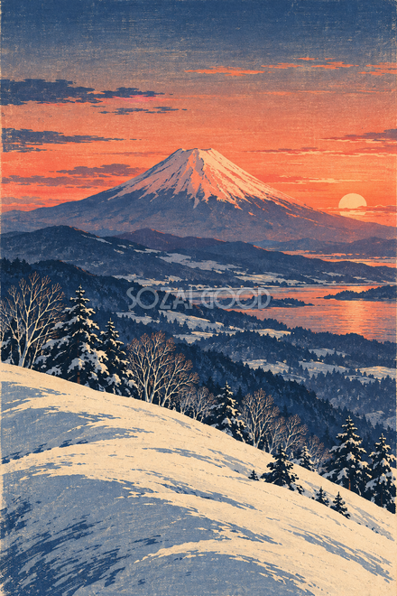 夕焼けと雪の丘の富士山・木版画調 夕焼けと雪の丘の富士山・木版画調