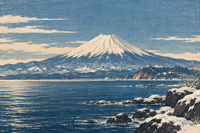 冬の海と富士山・木版画調 冬の海と富士山・木版画調