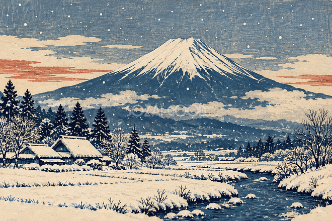 雪の里山と富士山・木版画調 雪の里山と富士山・木版画調