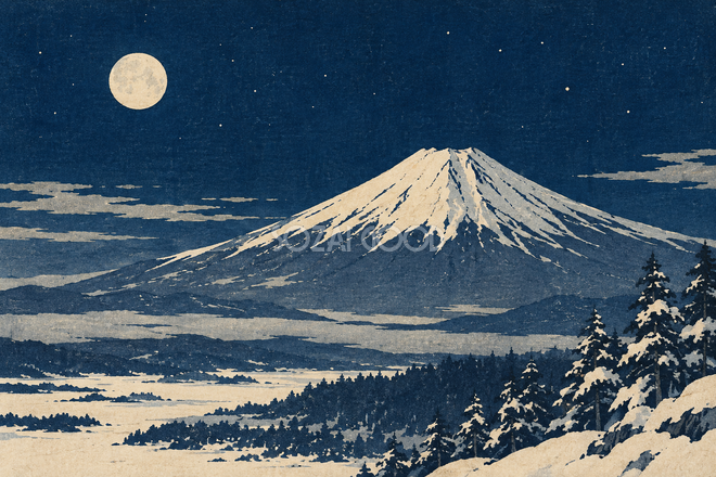 冬の月夜の富士山・木版画調 冬の月夜の富士山・木版画調