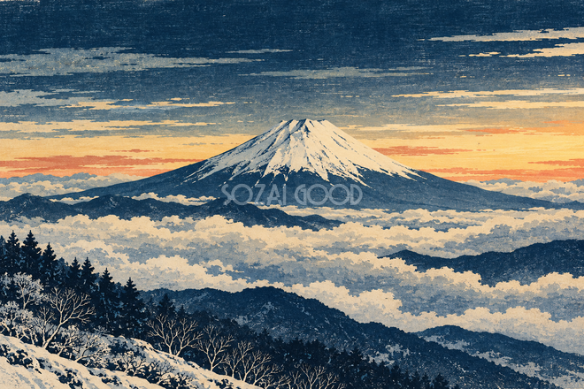 雲海と冬の富士山・木版画調 雲海と冬の富士山・木版画調