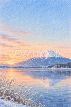 冬の湖と朝焼けの富士山｜色鉛筆・縦長背景・無料イラスト素材 116953