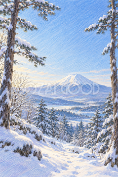 雪の松林から見る富士山｜冬の色鉛筆・縦長背景・無料イラスト素材 116954
