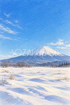 雪原と冬晴れの富士山｜色鉛筆・縦長背景・無料イラスト素材 116955
