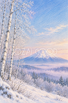 霧氷の白樺と富士山｜冬の色鉛筆・縦長背景・無料イラスト素材 116956