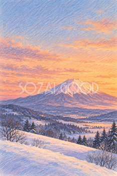 夕焼けと雪の丘の富士山｜冬の色鉛筆・縦長背景・無料イラスト素材 116957