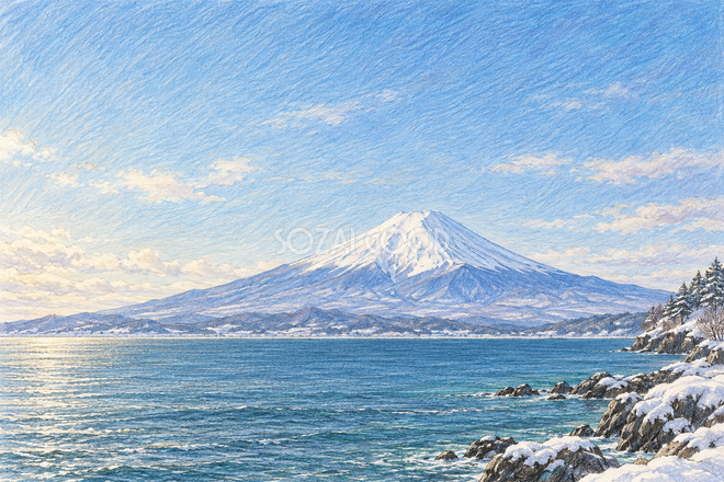 冬の海と富士山・色鉛筆 冬の海と富士山・色鉛筆
