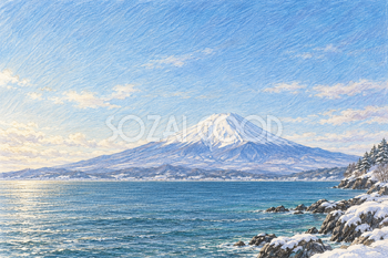 冬の海と富士山｜色鉛筆・横長背景・無料イラスト素材 116958