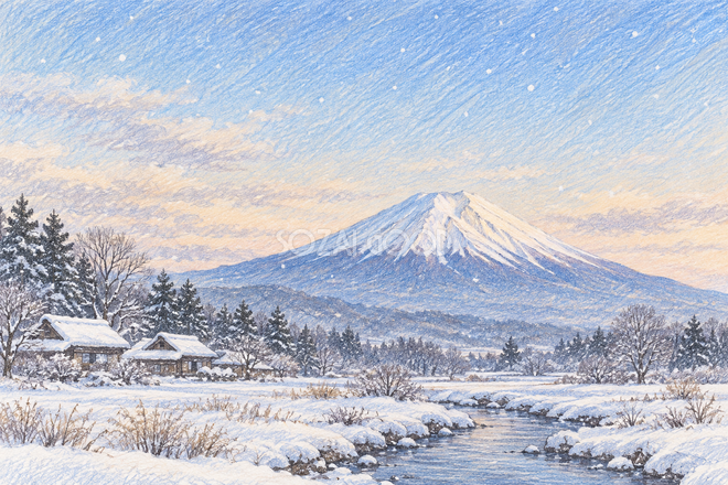 雪の里山と富士山・色鉛筆 雪の里山と富士山・色鉛筆