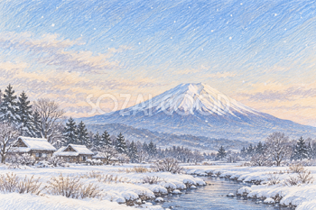 雪の里山と富士山｜冬の色鉛筆・横長背景・無料イラスト素材 116959