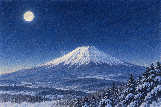 冬の月夜の富士山・色鉛筆 冬の月夜の富士山・色鉛筆