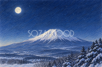 冬の月夜の富士山｜色鉛筆・横長背景・無料イラスト素材 116960