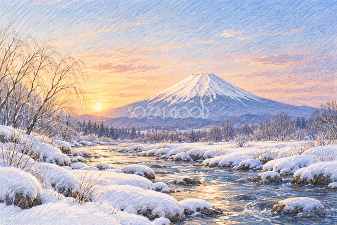 雪の渓流と富士山・色鉛筆 雪の渓流と富士山・色鉛筆