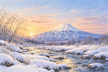 雪の渓流と富士山｜冬の色鉛筆・横長背景・無料イラスト素材 116961