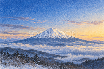 雲海と冬の富士山｜色鉛筆・横長背景・無料イラスト素材 116962