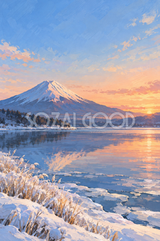 冬の湖と朝焼けの富士山｜ガッシュ・縦長背景・無料イラスト素材 116964