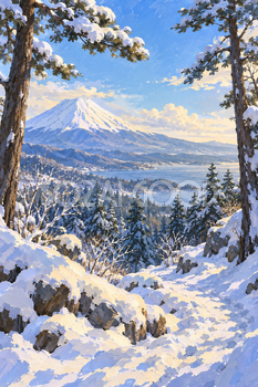雪の松林から見る富士山｜冬のガッシュ・縦長背景・無料イラスト素材 116965