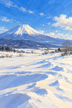 雪原と冬晴れの富士山｜ガッシュ・縦長背景・無料イラスト素材 116966