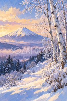 霧氷の白樺と富士山｜冬のガッシュ・縦長背景・無料イラスト素材 116967