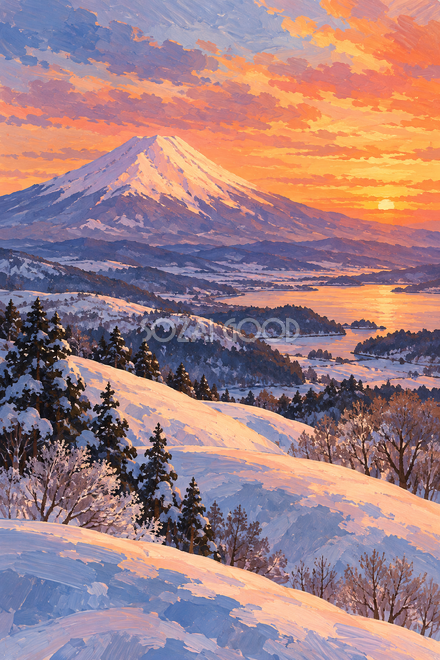夕焼けと雪の丘の富士山・ガッシュ 夕焼けと雪の丘の富士山・ガッシュ