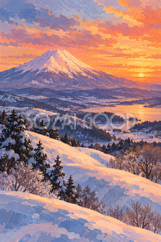 夕焼けと雪の丘の富士山｜冬のガッシュ・縦長背景・無料イラスト素材 116968