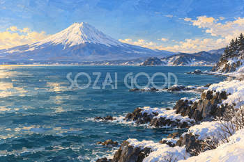 冬の海と富士山｜ガッシュ・横長背景・無料イラスト素材 116969