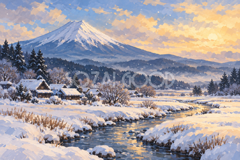 雪の里山と富士山｜冬のガッシュ・横長背景・無料イラスト素材 116970