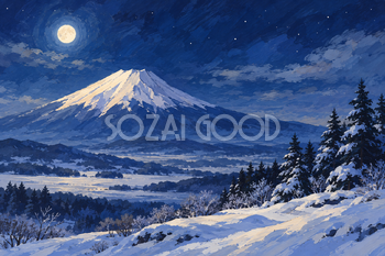 冬の月夜の富士山｜ガッシュ・横長背景・無料イラスト素材 116971